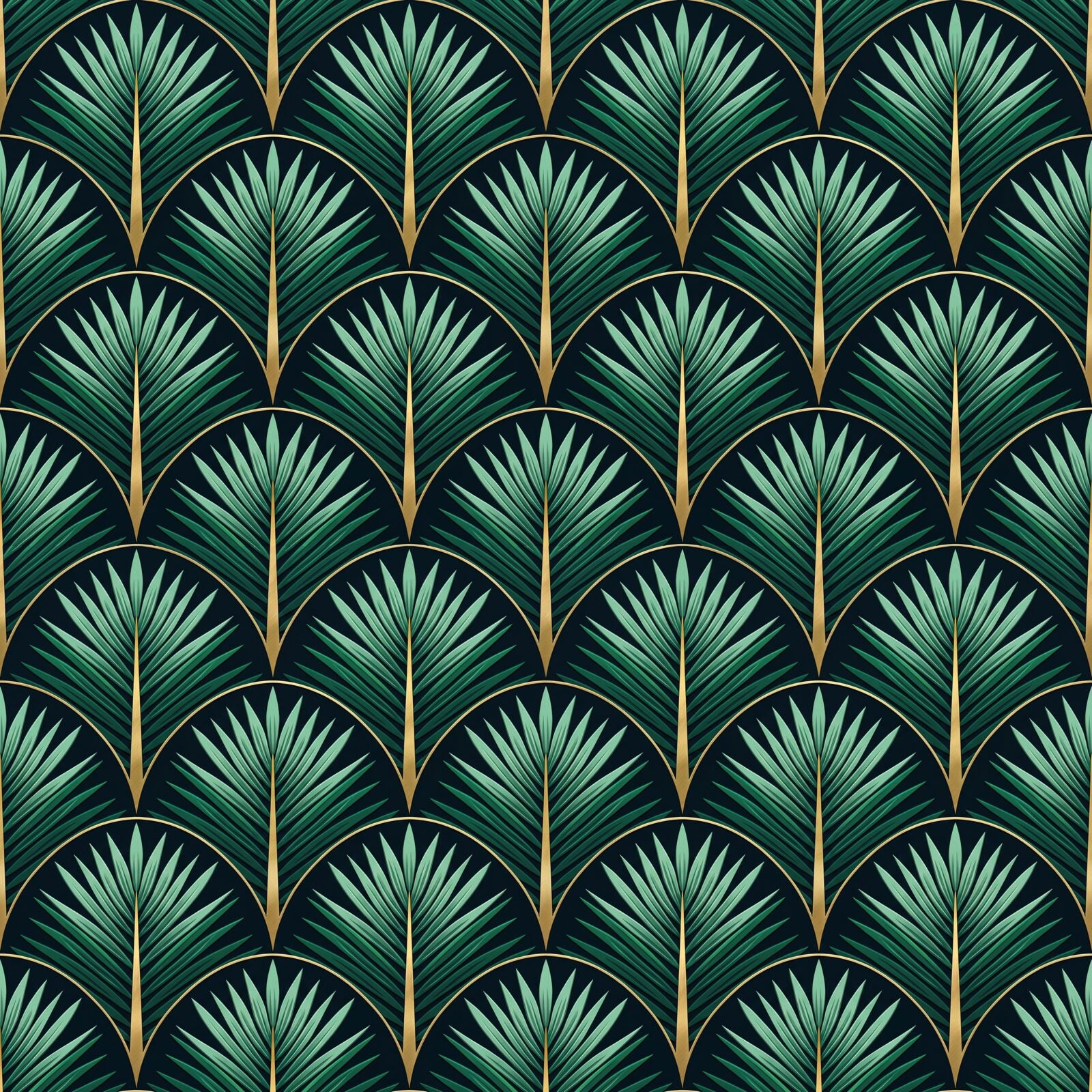 Heritage pattern mural with Tropic Night, Deco Jade, and Gold Vein palette. Made to order.
