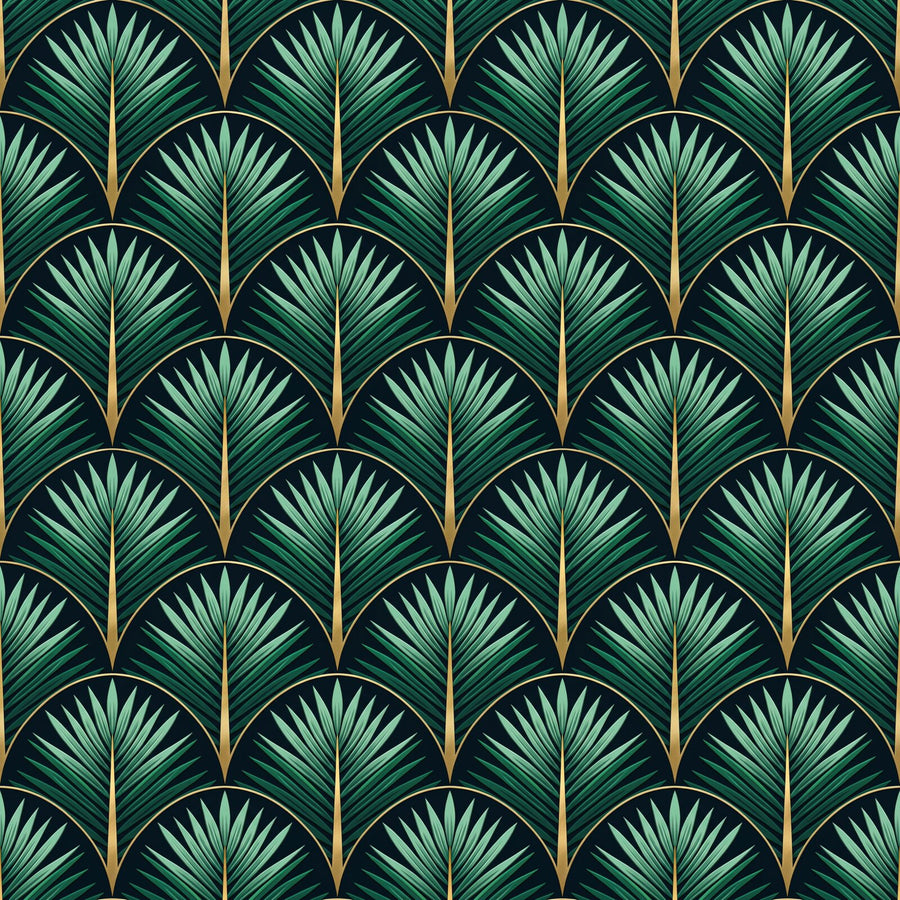 Heritage pattern mural with Tropic Night, Deco Jade, and Gold Vein palette. Made to order.