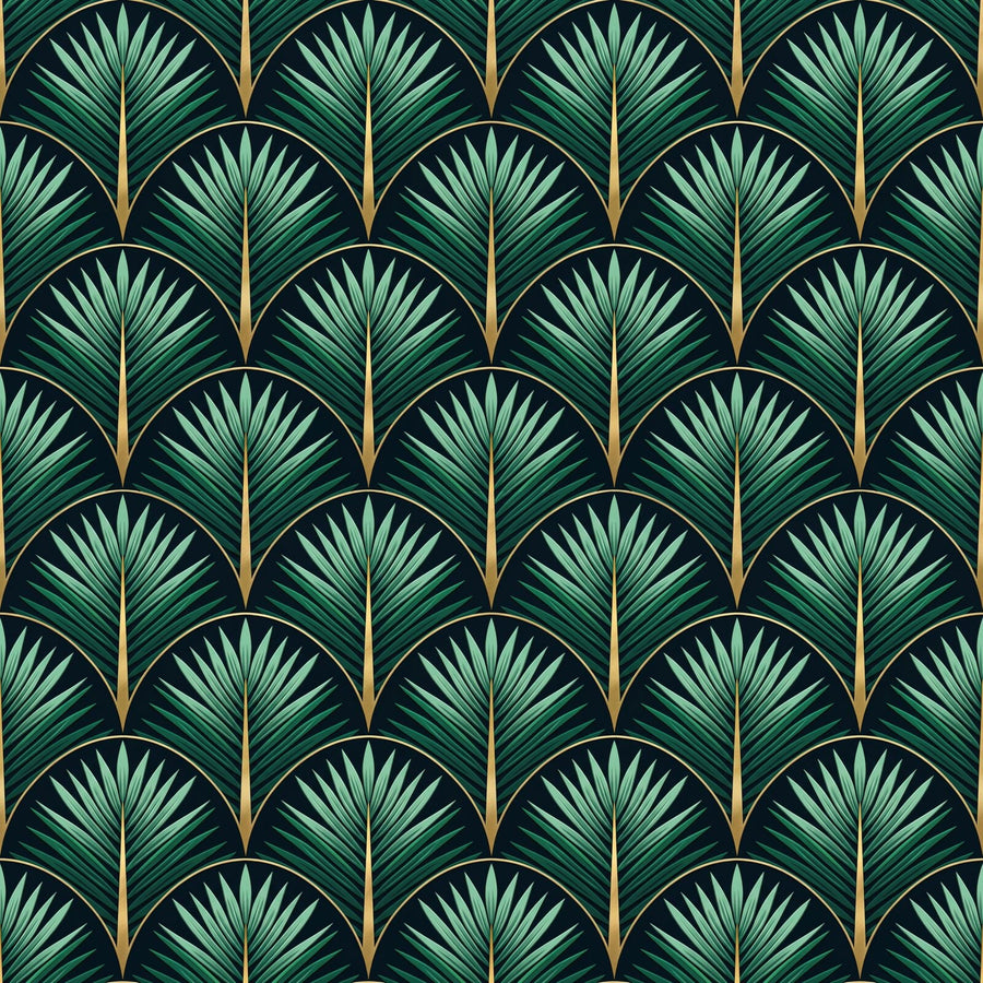 Heritage pattern mural with Tropic Night, Deco Jade, and Gold Vein palette. Made to order.