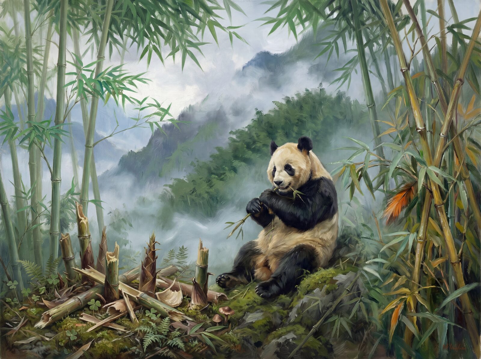 Scenic mural wallpaper featuring a giant panda in a misty bamboo forest, with a palette of cream, charcoal, jade, and grey. Made to order.