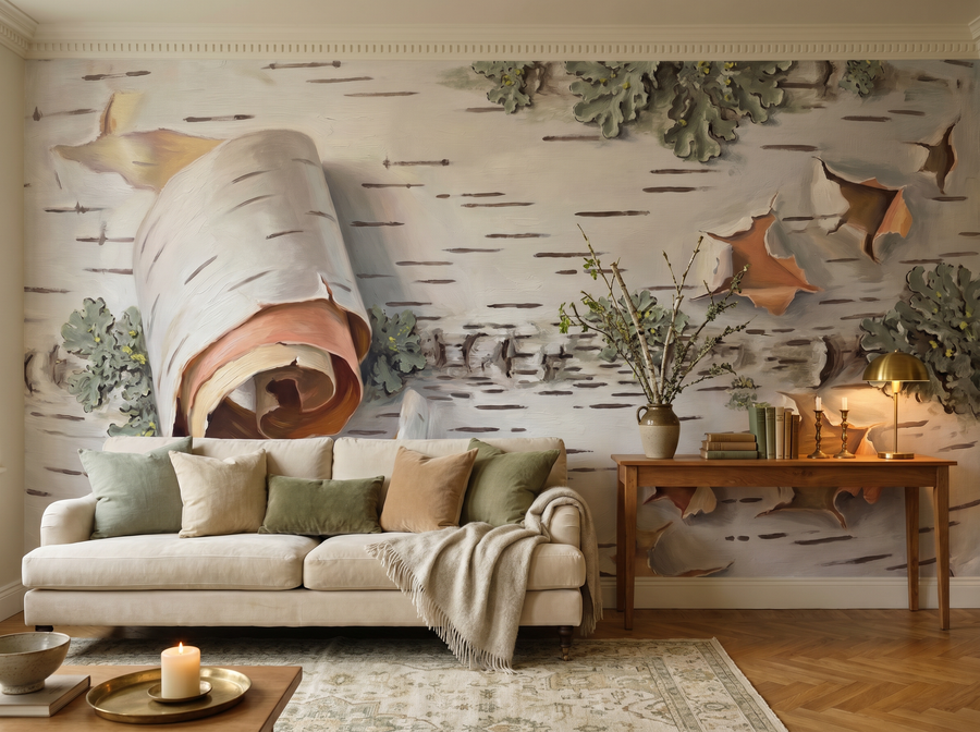Paper Birch Close-Up scenic wallpaper mural on the feature wall of a biophilic bedroom, in a soft grey palette — The Wall Shawl.
