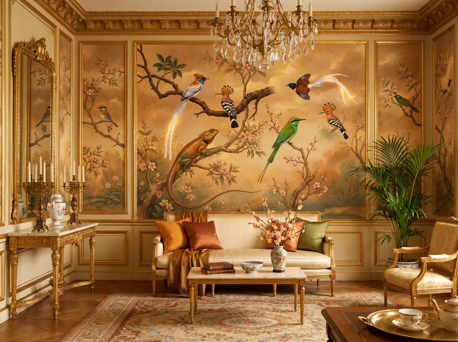 Paradise Birds scenic wallpaper mural on the feature wall of an English-country study, in a moody black-and-charcoal palette — The Wall Shawl.