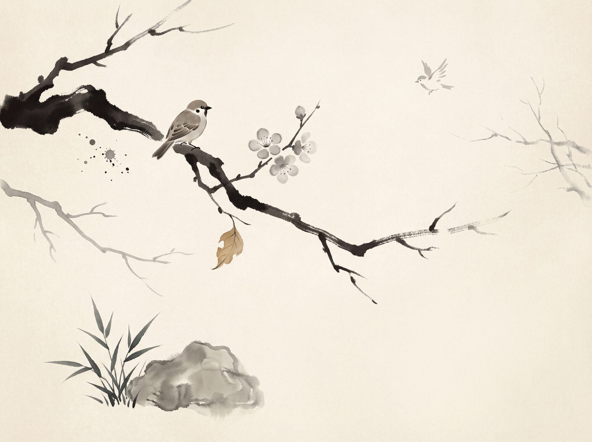 Sumi-e ink-wash mural: gnarled plum branch with perching sparrow, minimal blossoms, ink rock and bamboo grass on a warm aged-parchment ground
