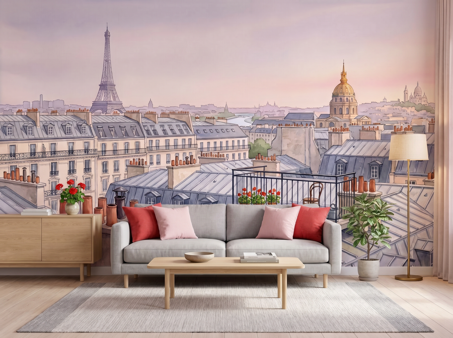 Paris Rooftops scenic wallpaper mural on the feature wall of a Hollywood-Regency bedroom, in a soft grey palette — The Wall Shawl.