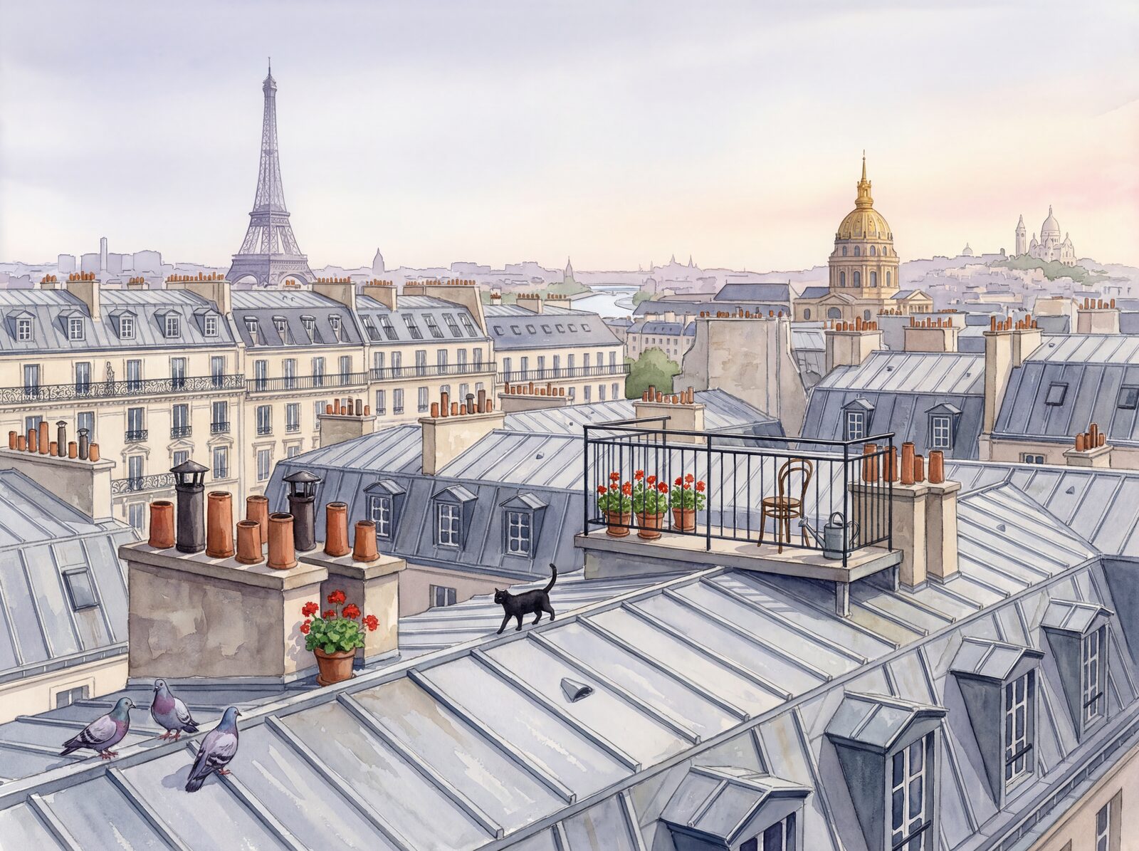 Romantic Parisian rooftops in zinc grey, cream stone, and iron black. Made to order.