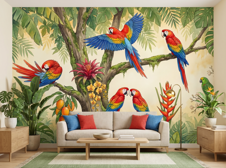 Parrots in Paradise scenic wallpaper mural on the feature wall of an English-country living room, in a rich red-and-burgundy palette — The Wall Shawl.