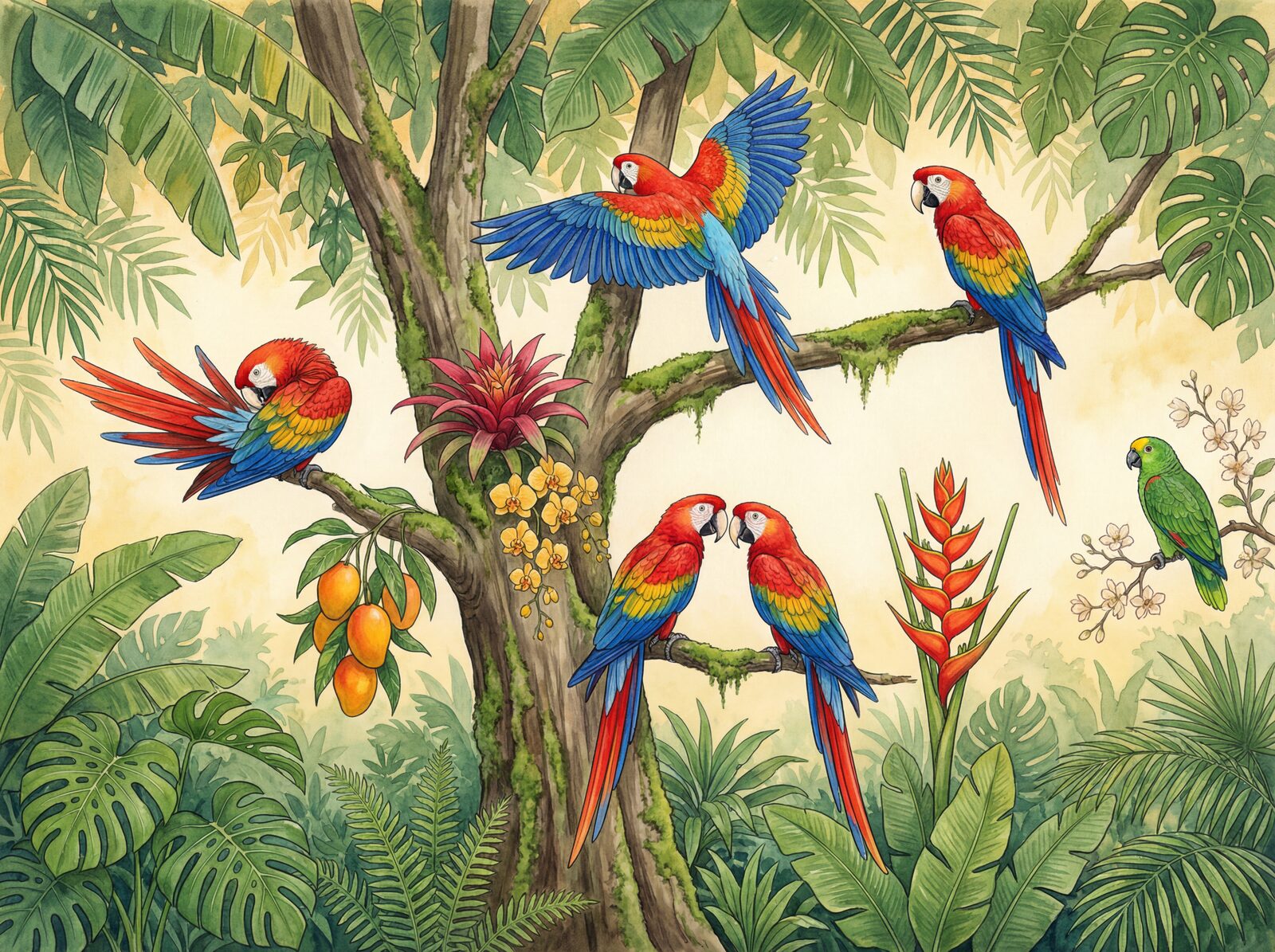 Vibrant tropical mural with Macaw Scarlet, Wing Cobalt, and Tail Gold. Made to order.