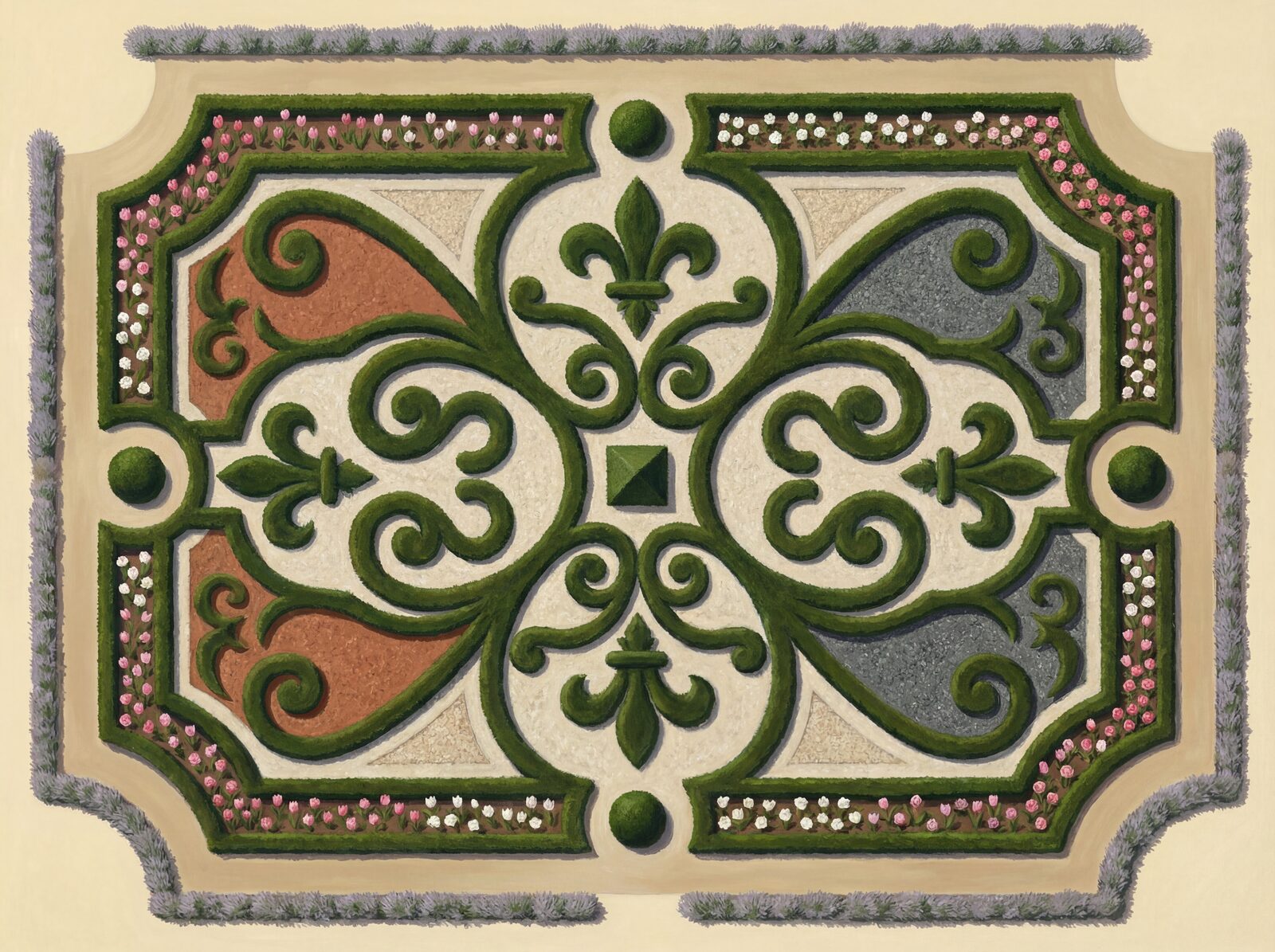 Experience the geometric beauty of an Italian parterre garden. Featuring box green, gravel white, and stone edging. Made to order.