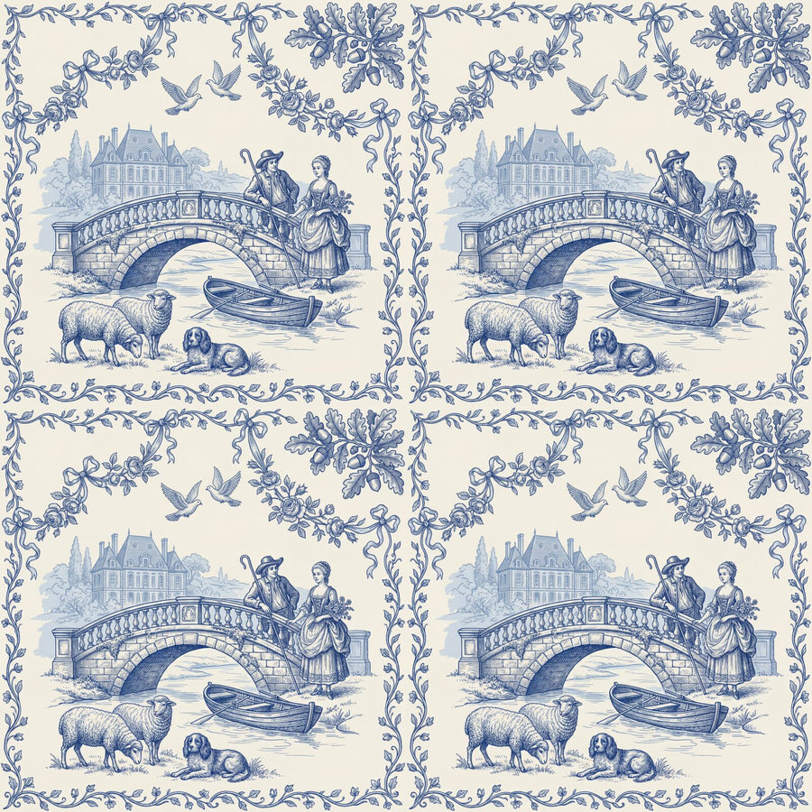Immerse yourself in an 18th-century French pastoral in cobalt blue on cream. Made to order.