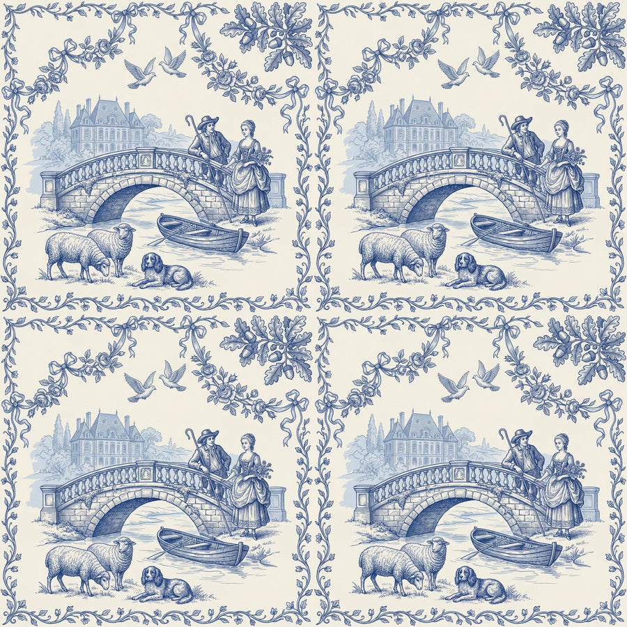 Immerse yourself in an 18th-century French pastoral in cobalt blue on cream. Made to order.