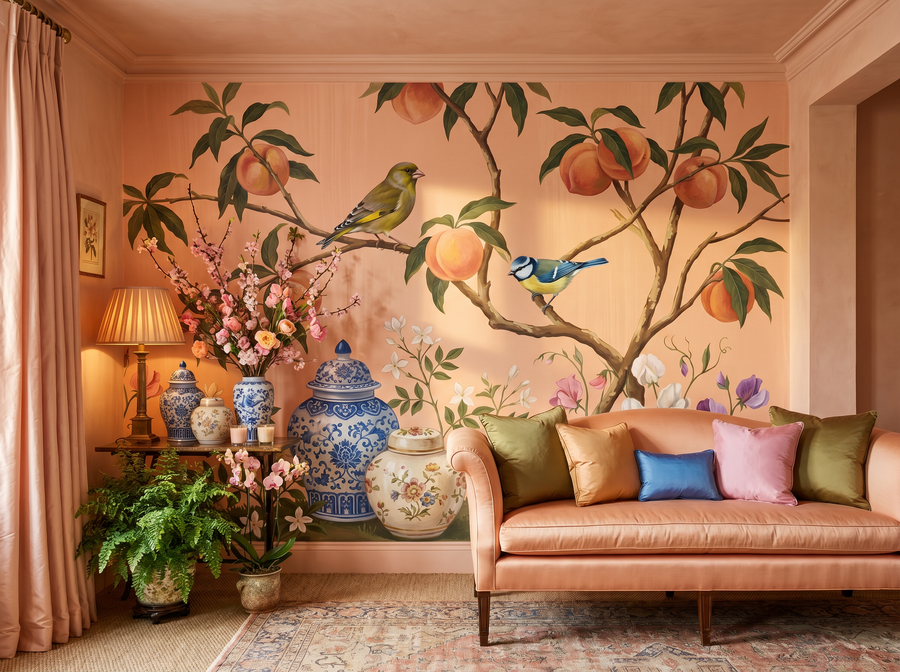 Peach Chinoiserie scenic wallpaper mural on the feature wall of a chinoiserie living room, in a golden yellow-and-ochre palette — The Wall Shawl.