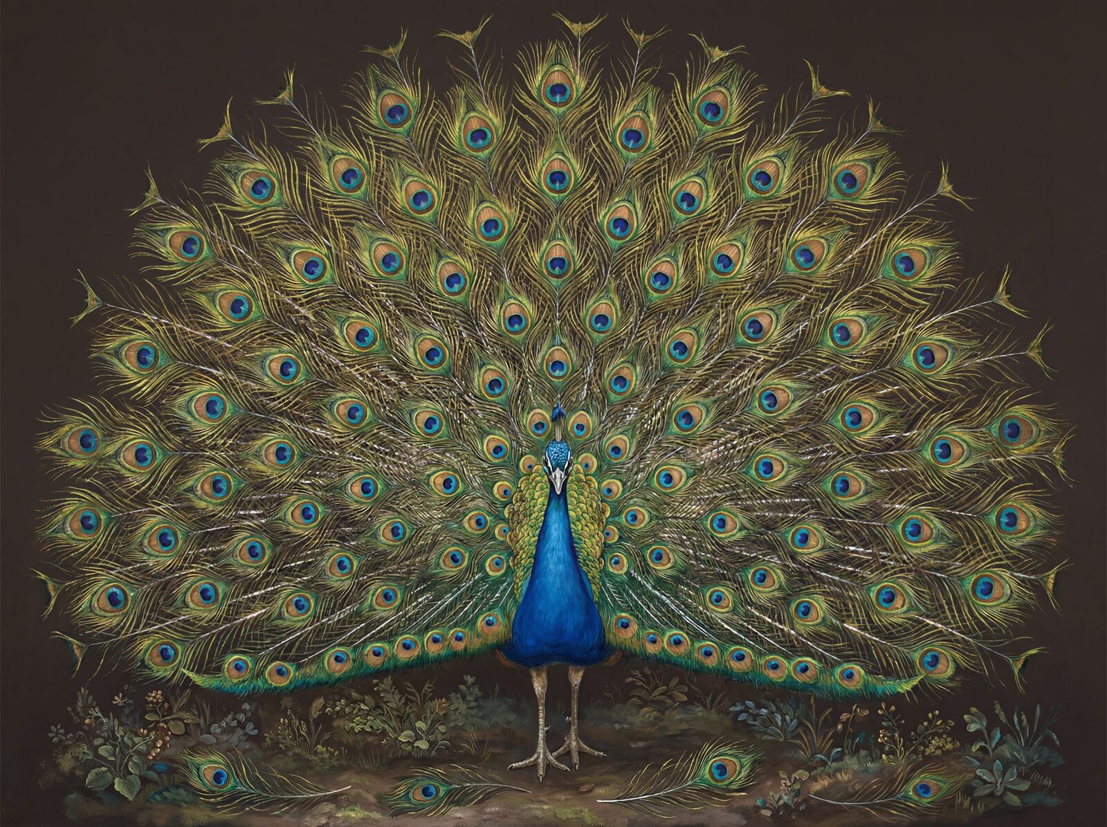 An iridescent peacock in full display, a wall of shimmering eyes. Featuring blues, greens, bronzes, and golds. Made to order.