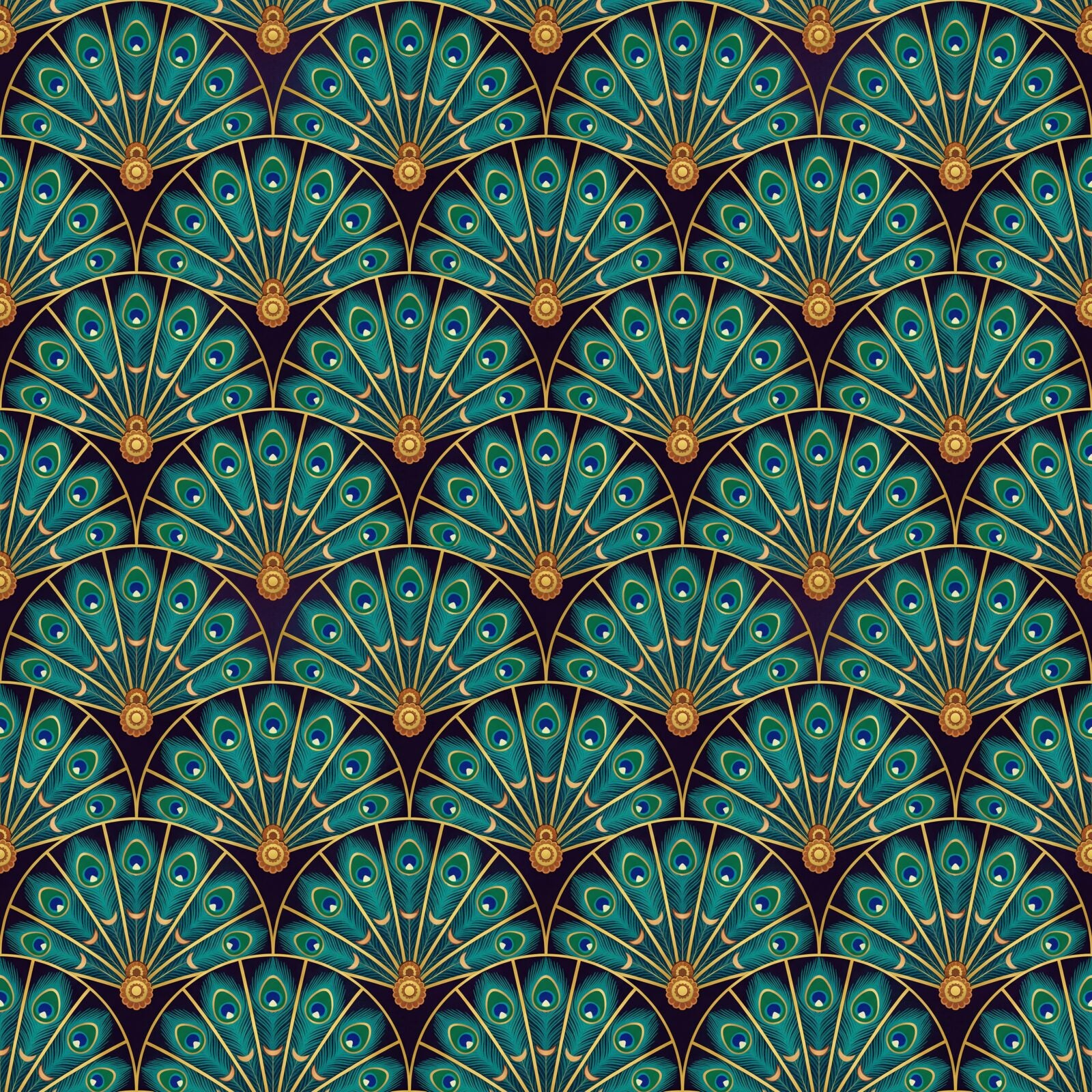 Scenic mural wallpaper featuring peacock fans in Midnight Plum, Peacock Gold, and Emerald Eye. Made to order.