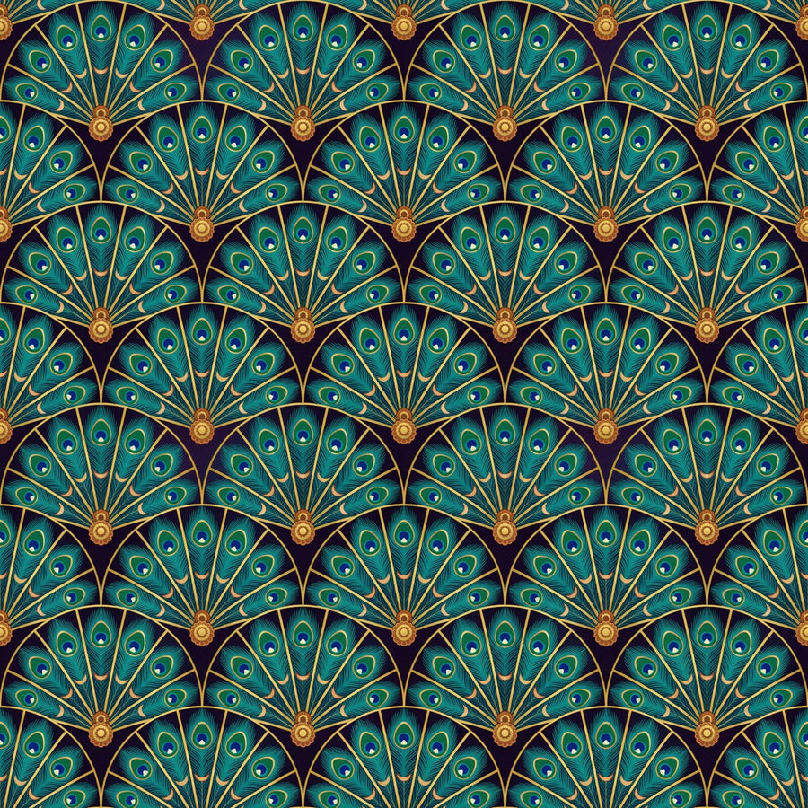 Scenic mural wallpaper featuring peacock fans in Midnight Plum, Peacock Gold, and Emerald Eye. Made to order.