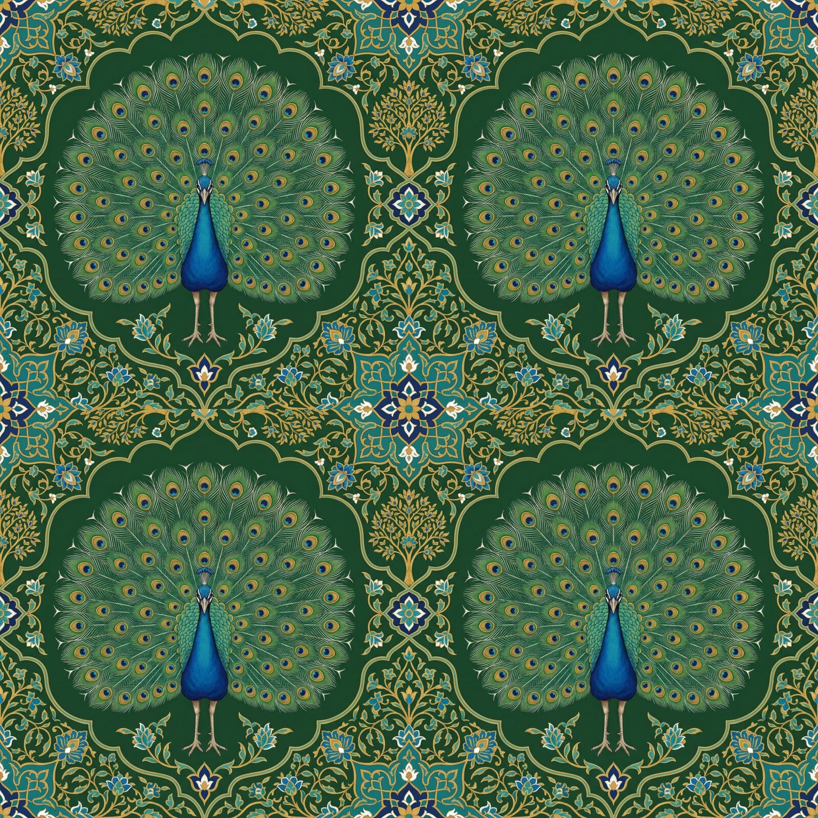 Discover the regal Peacock Panel mural, an iridescent Mughal-style peacock in blue, green, bronze, and gold. Made to order.