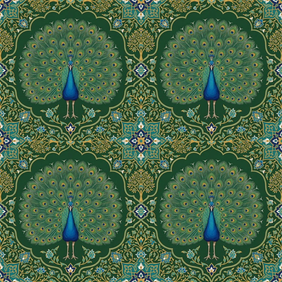 Discover the regal Peacock Panel mural, an iridescent Mughal-style peacock in blue, green, bronze, and gold. Made to order.