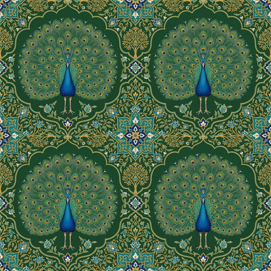 Discover the regal Peacock Panel mural, an iridescent Mughal-style peacock in blue, green, bronze, and gold. Made to order.