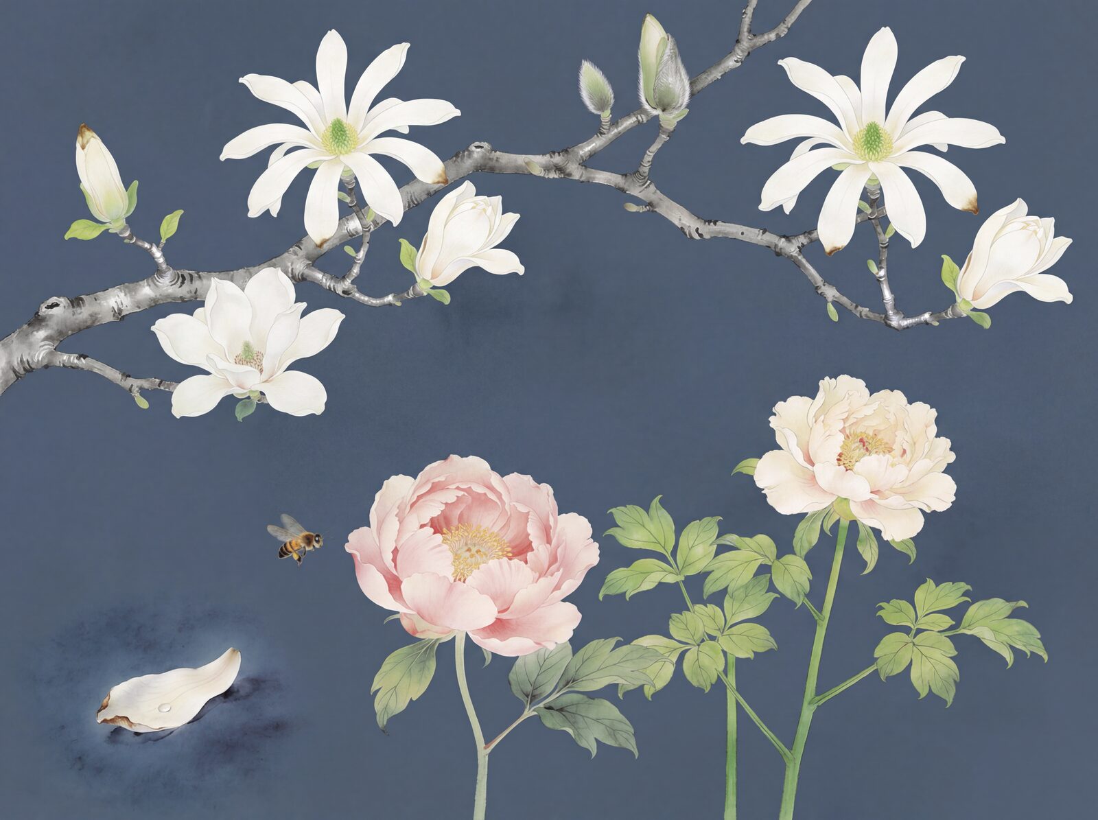 Experience the serene beauty of a Japanese-influenced English garden with this Peony and Magnolia mural. Palette of slate blue, soft pinks, and warm whites. Made to order.