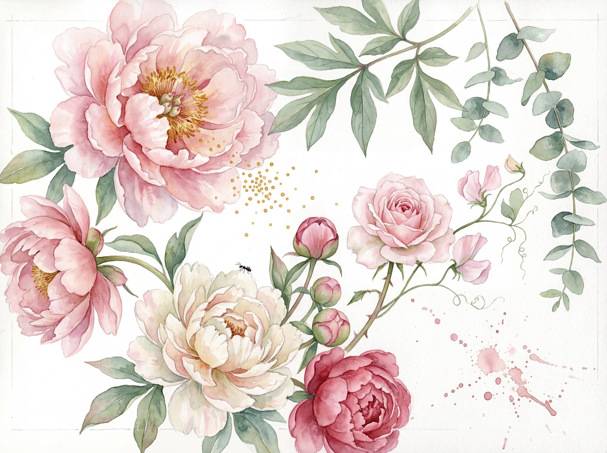Watercolour botanical mural of blush and cream peonies with eucalyptus and sweet pea on a white ground, morning light illuminating translucent petal layers and scattered golden pollen