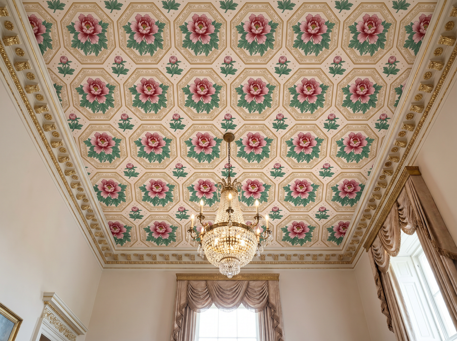 Peony Medallion — Chinoiserie Repeat Pattern wallpaper mural styled in a English Country Living Room / Lounge, Floral,…