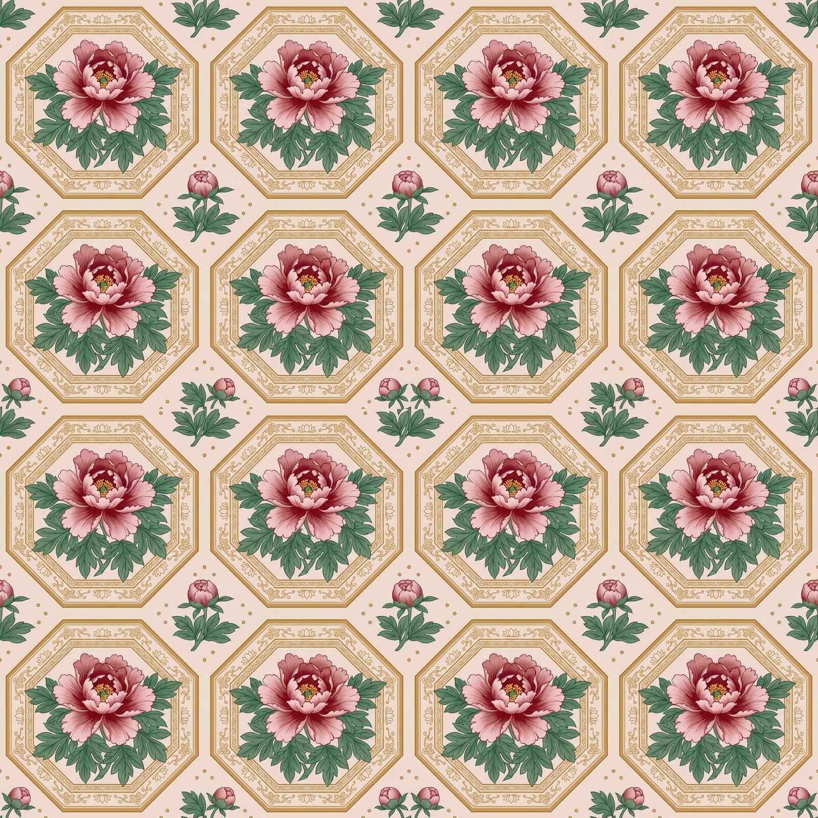 Immerse your space in the luxurious Peony Medallion, a chinoiserie repeat pattern in Peony Rose, Leaf Jade & Medallion Gold. Made to order.