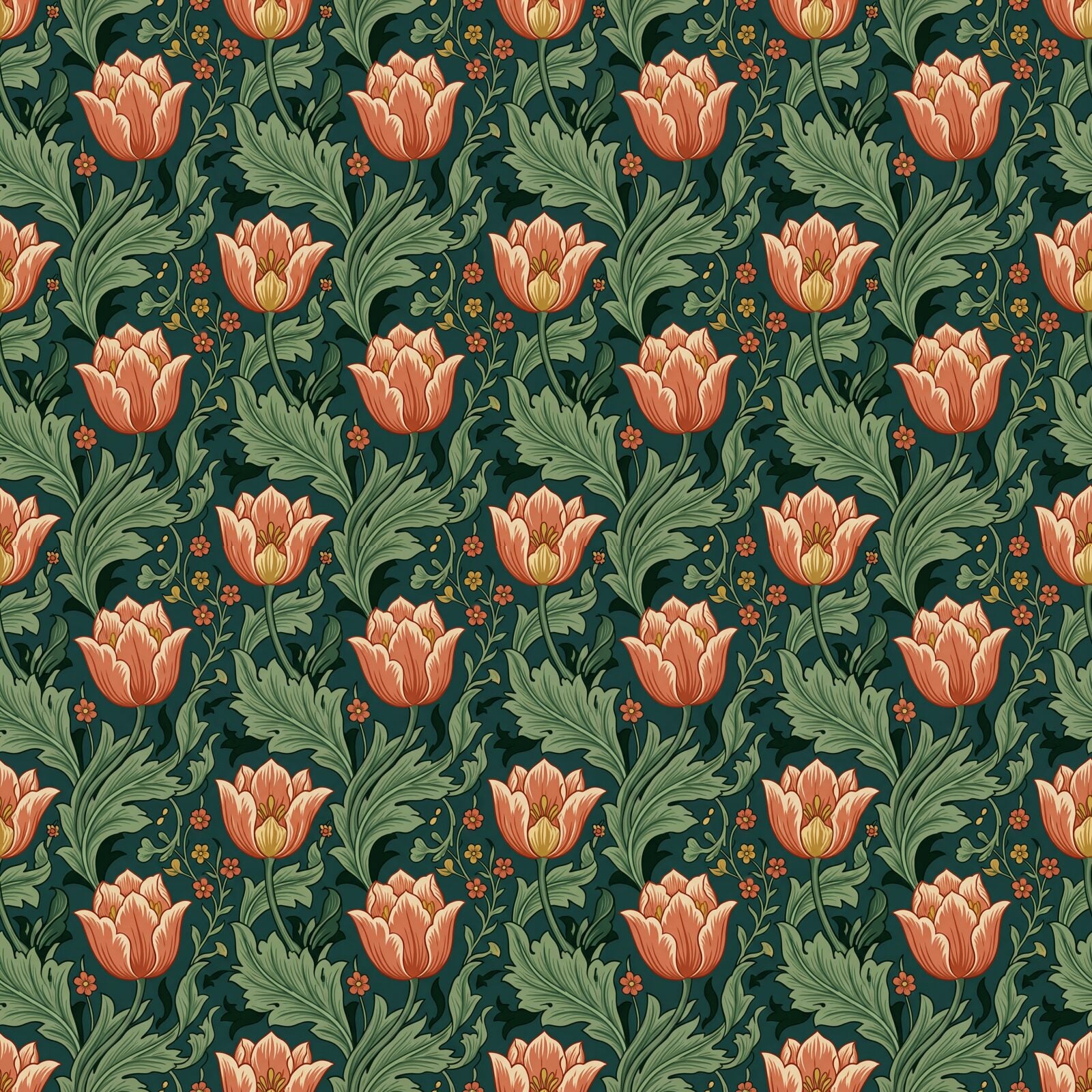 Immerse your walls in the rhythmic beauty of Morris's Pimpernel Dance. Deep teals, warm corals, and verdant greens create a garden oasis. Made to order.