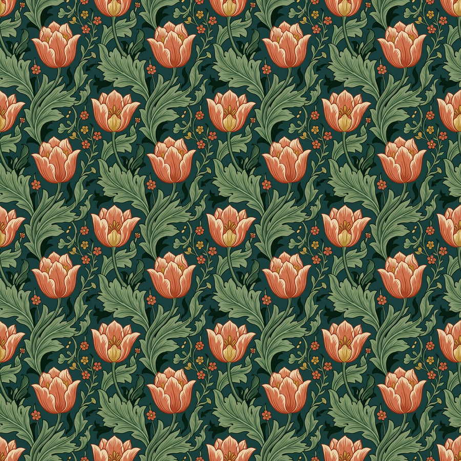 Immerse your walls in the rhythmic beauty of Morris's Pimpernel Dance. Deep teals, warm corals, and verdant greens create a garden oasis. Made to order.