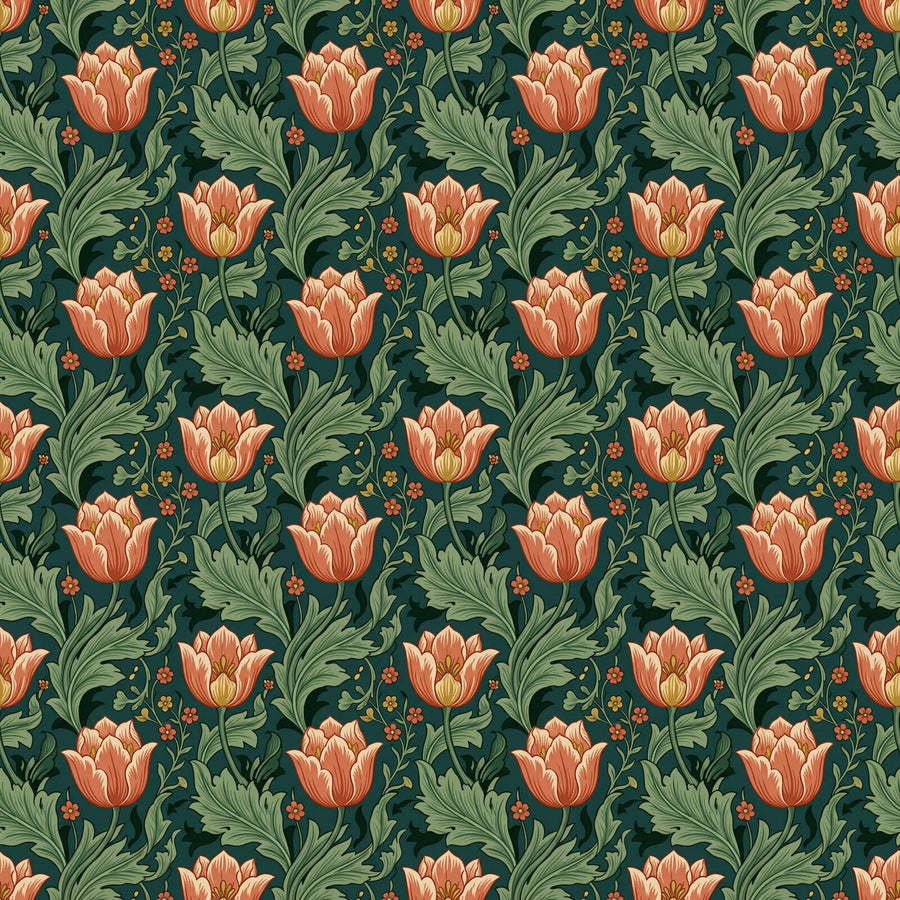Immerse your walls in the rhythmic beauty of Morris's Pimpernel Dance. Deep teals, warm corals, and verdant greens create a garden oasis. Made to order.