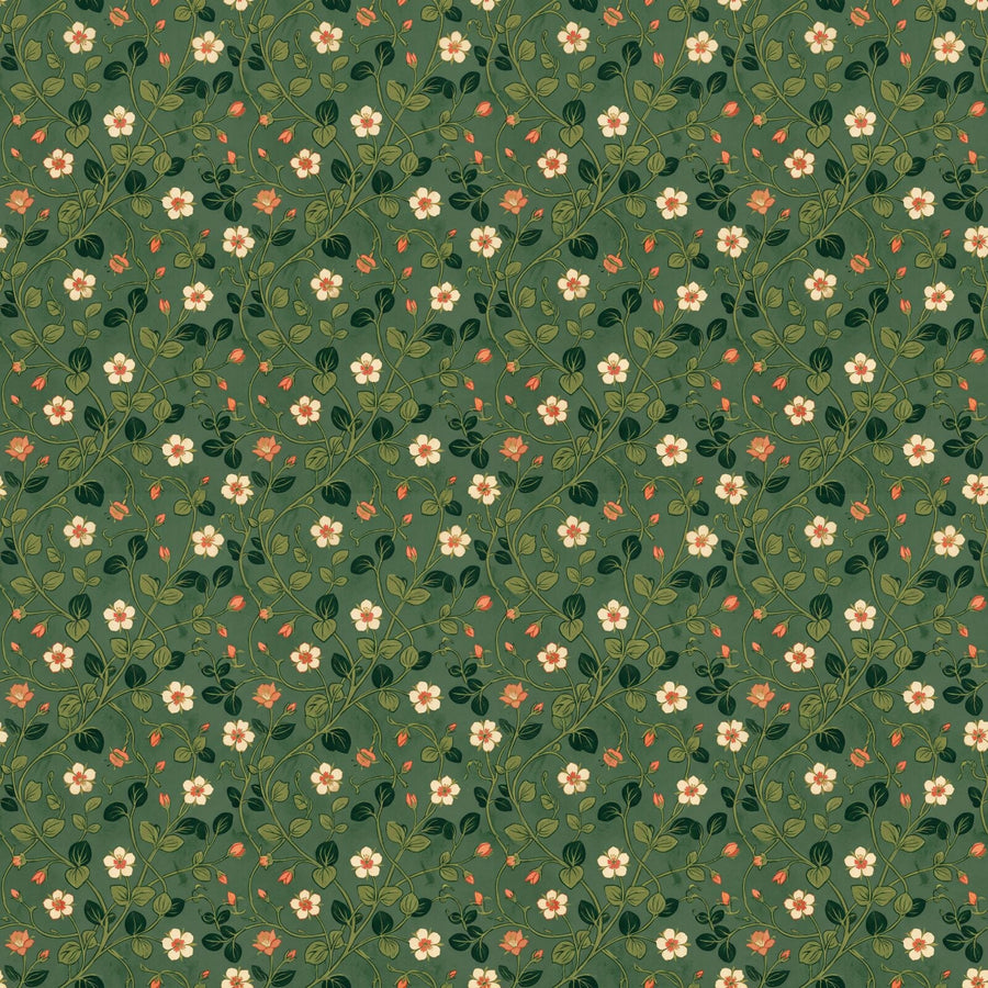 A refined botanical pattern wallpaper in deep sage green with cream and coral accents. Made to order.