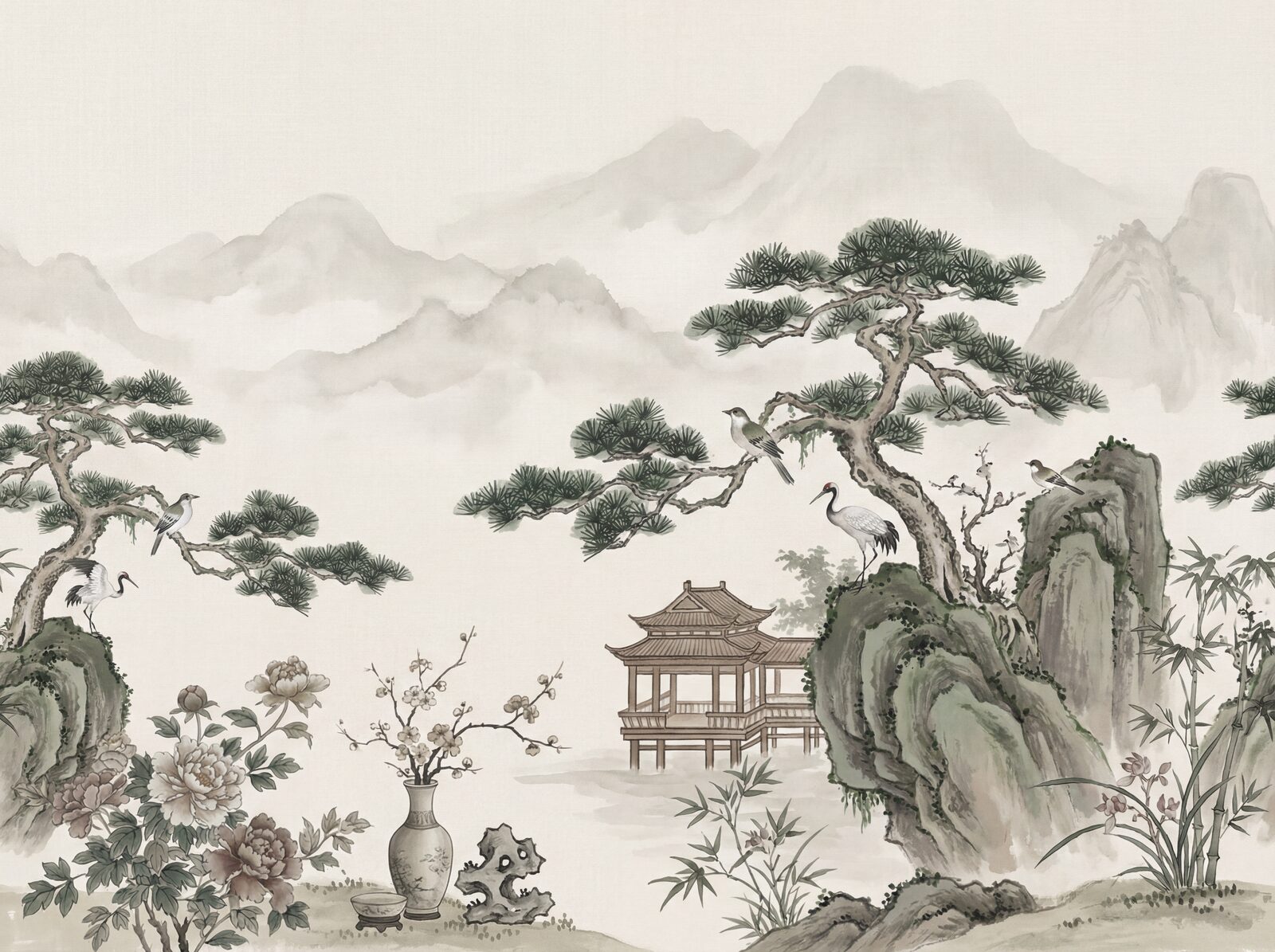 Scenic mural wallpaper with Pine Ink, Cliff Stone, and Cloud Mist hues. Made to order.
