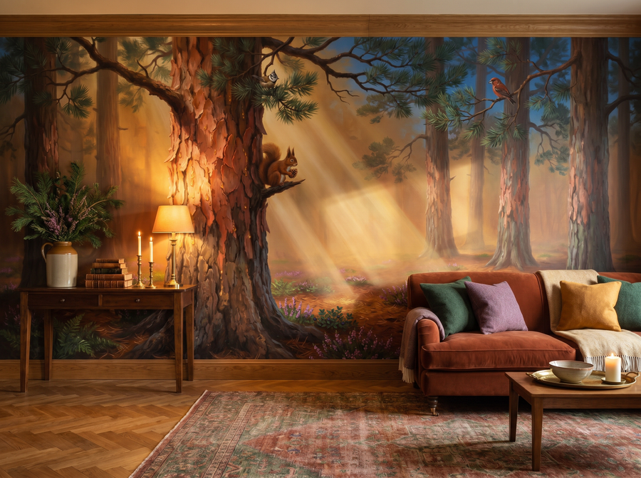 Pine Forest Sunbeam scenic wallpaper mural on the feature wall of a biophilic living room, in a earthy terracotta-and-rust palette — The Wall Shawl.