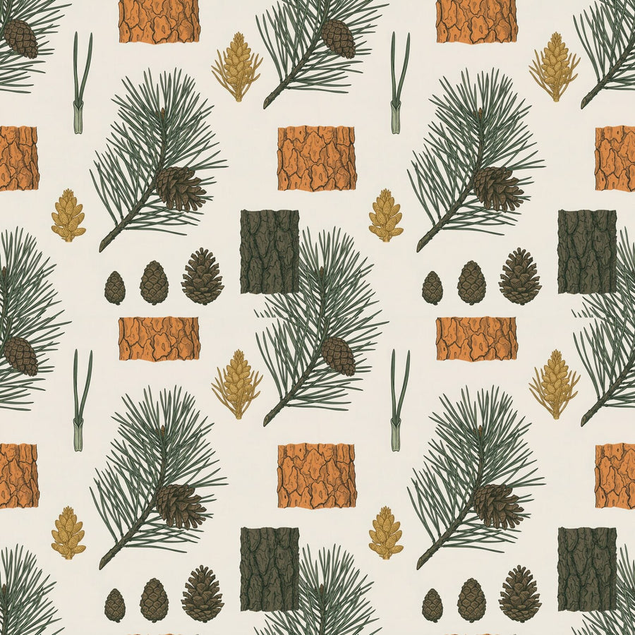 A precise botanical study of Scots pine in warm natural, green-grey, and brown tones. Made to order.