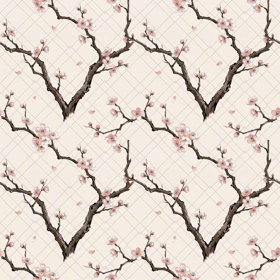 Experience the refined beauty of plum blossoms on a geometric grid. Features umber, pink, silver, white, and dark ink tones. Made to order.