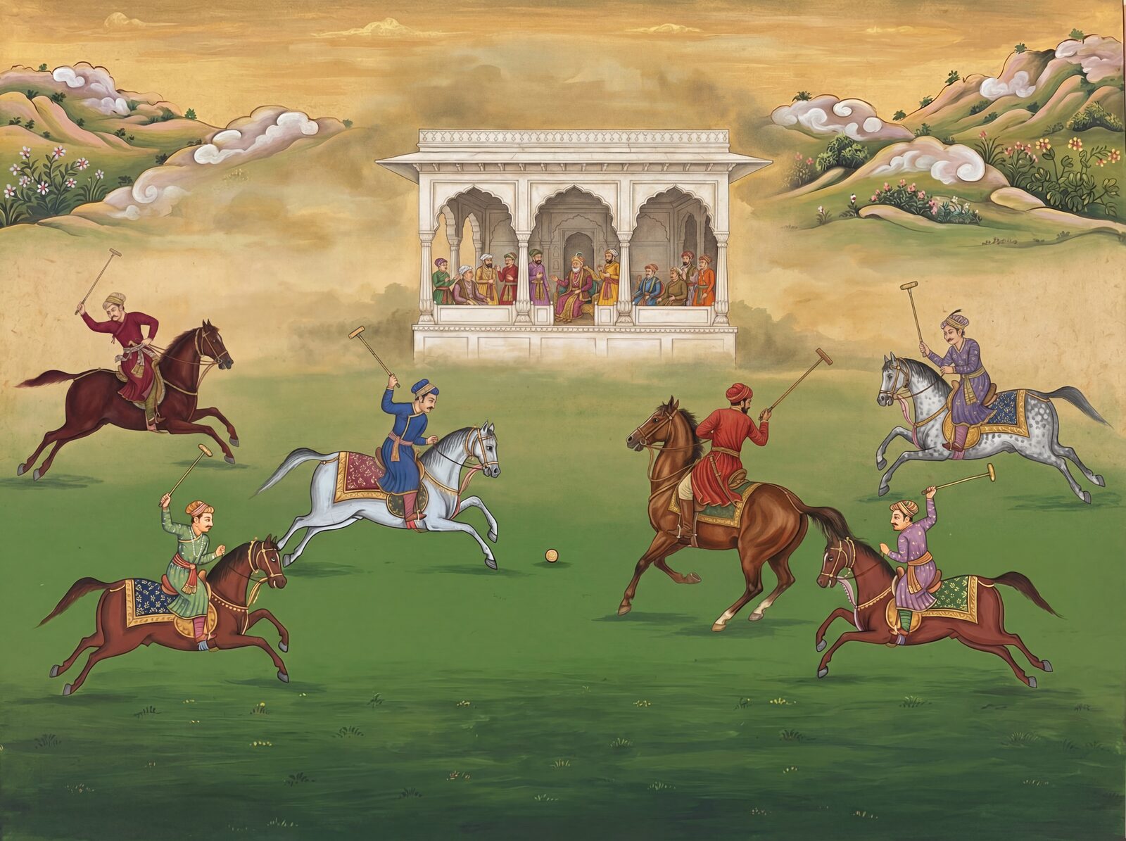 Vibrant polo match scene with Horse Chestnut, Horse White, and Maidan Green hues. Made to order.