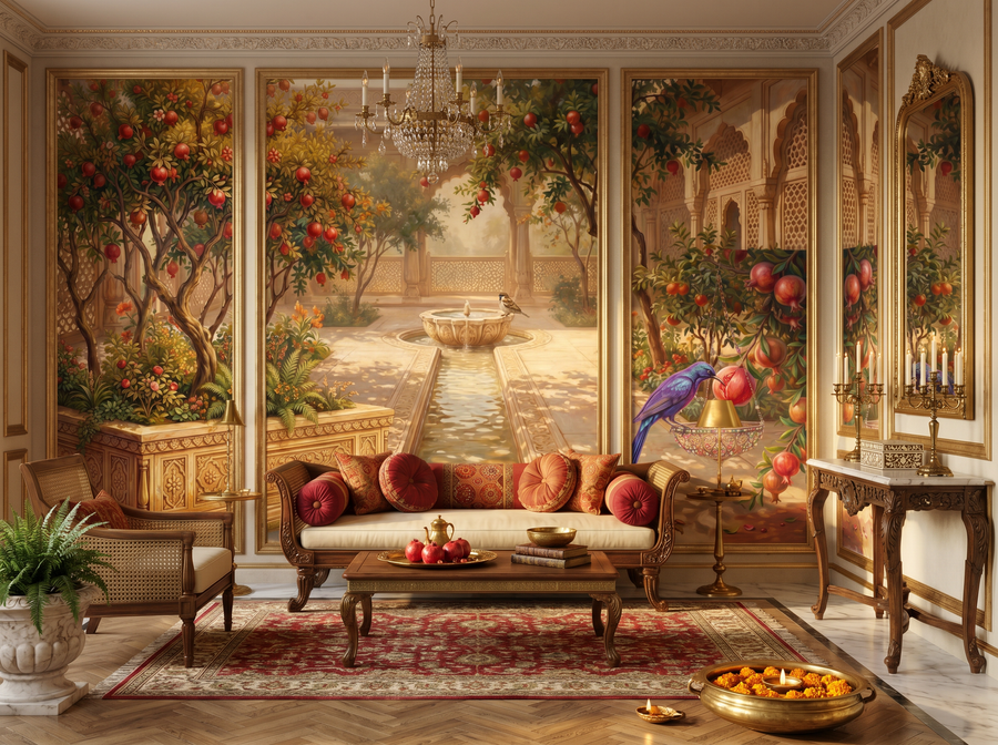 Pomegranate Court scenic wallpaper mural on the feature wall of an English-country dining room, in a rich red-and-burgundy palette — The Wall Shawl.