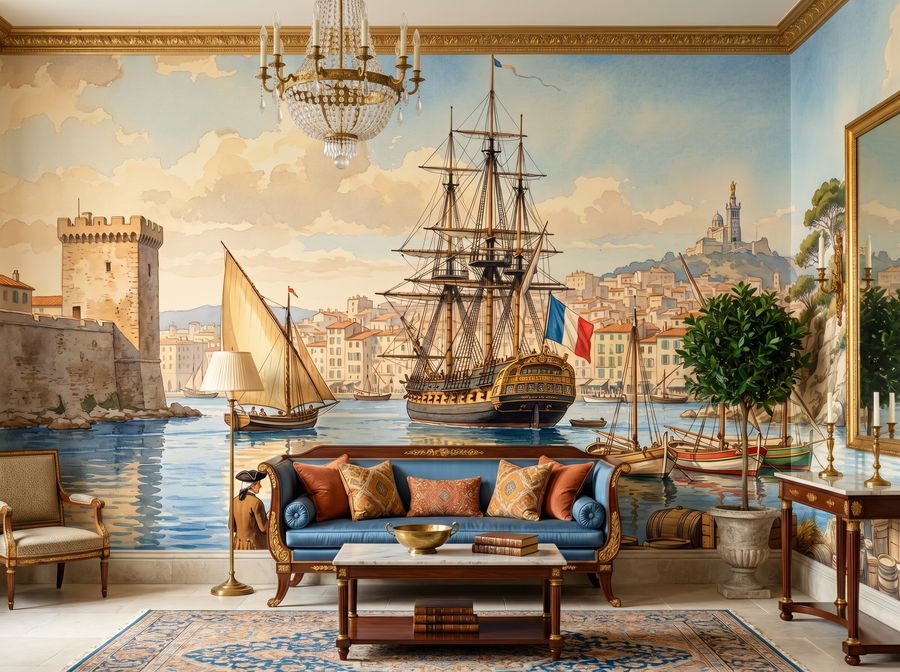 Port of Marseille scenic wallpaper mural on the feature wall of a Mediterranean dining room, in a soft grey palette — The Wall Shawl.