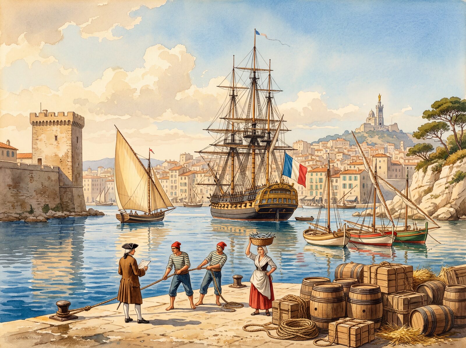 Vibrant Mediterranean harbour scene with golden stone, cobalt sea, and terracotta. Made to order.