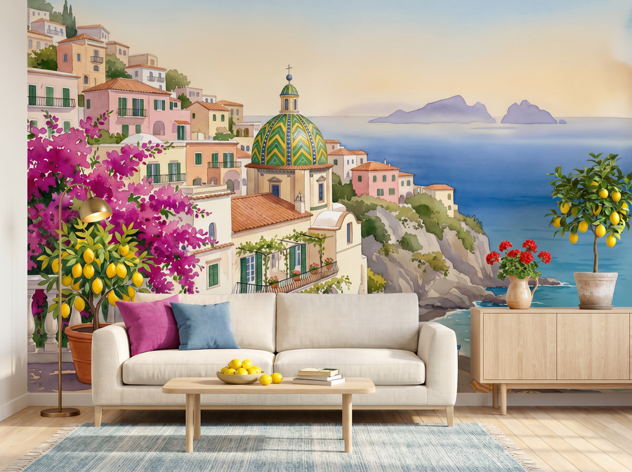 Positano View scenic wallpaper mural on the feature wall of a Mediterranean bedroom, in a soft grey palette — The Wall Shawl.