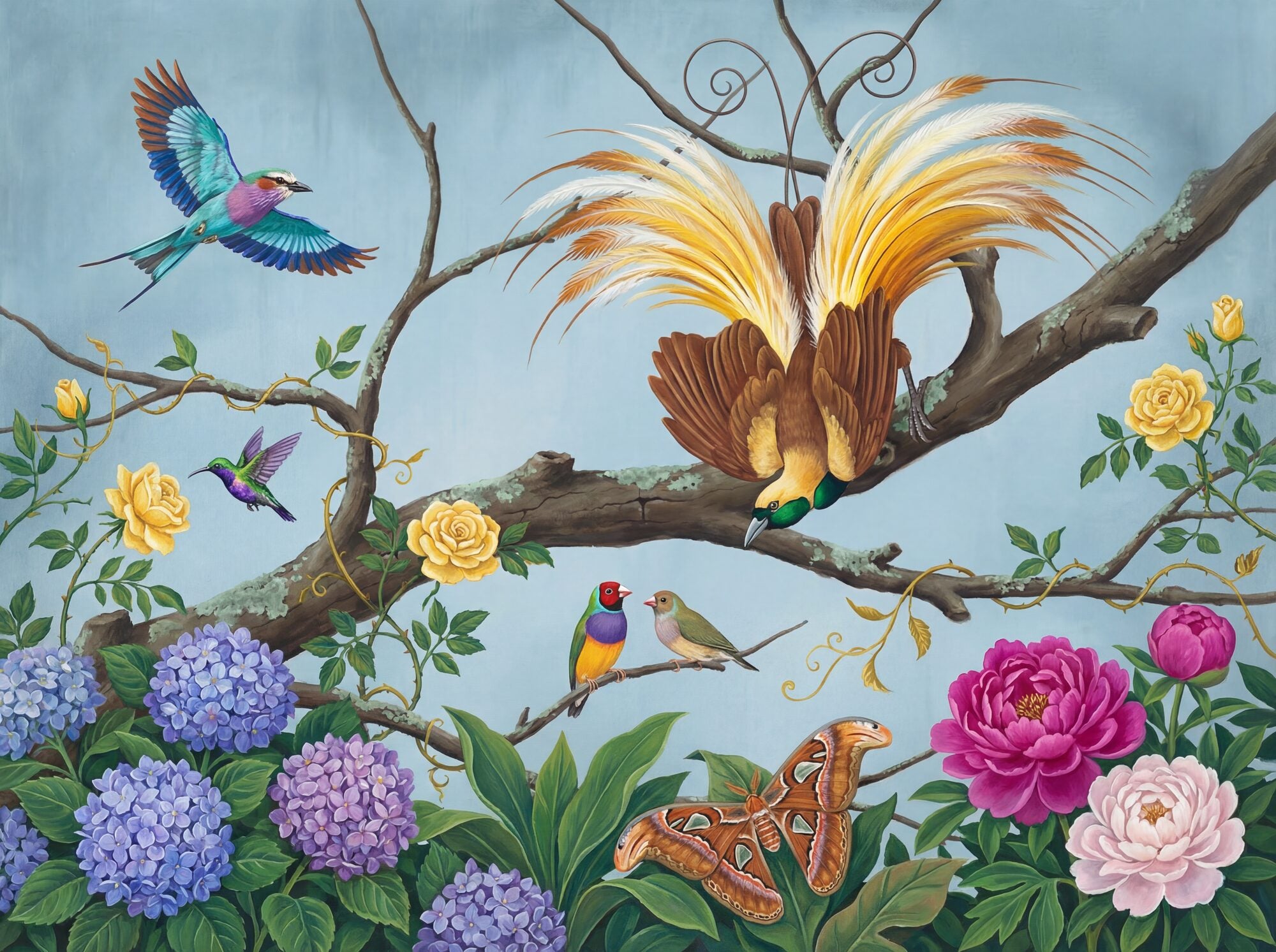 Powder Blue Aviary chinoiserie mural wallpaper — greater bird of paradise in full courtship display, lilac-breasted roller in flight, Gouldian finches and an Atlas moth among peonies, hydrangeas and roses on powder blue silk