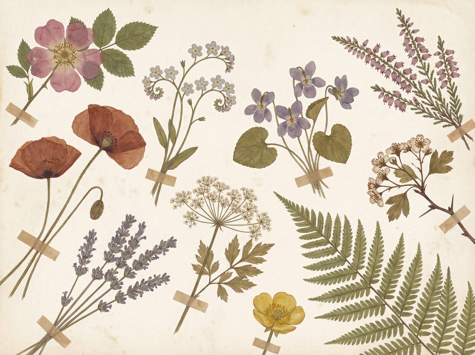 Our Pressed Flower Herbarium mural captures the tender beauty of botanicals in faded rose, dried gold, and lavender grey. Made to order.