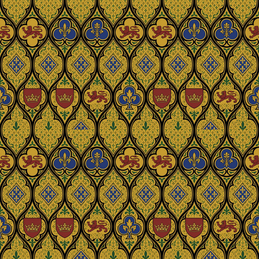 Immerse yourself in Pugin's Gothic Revival with this richly patterned mural wallpaper. Gold, red, blue, and green. Made to order.