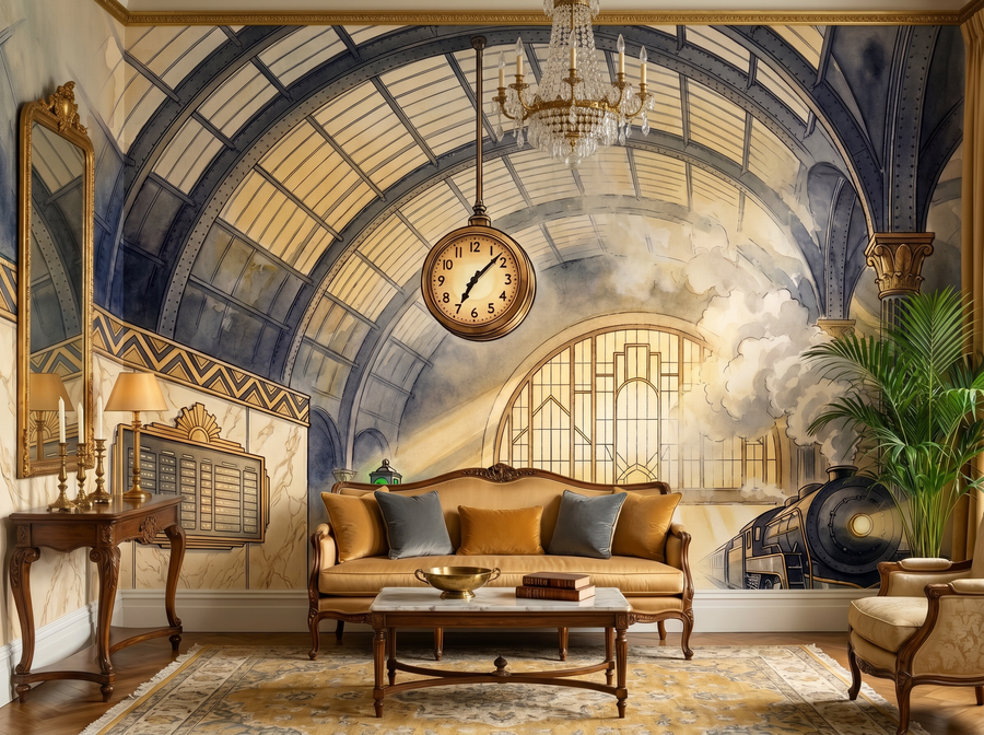Railway Station scenic wallpaper mural on the feature wall of a Hollywood-Regency living room, in a soft grey palette — The Wall Shawl.
