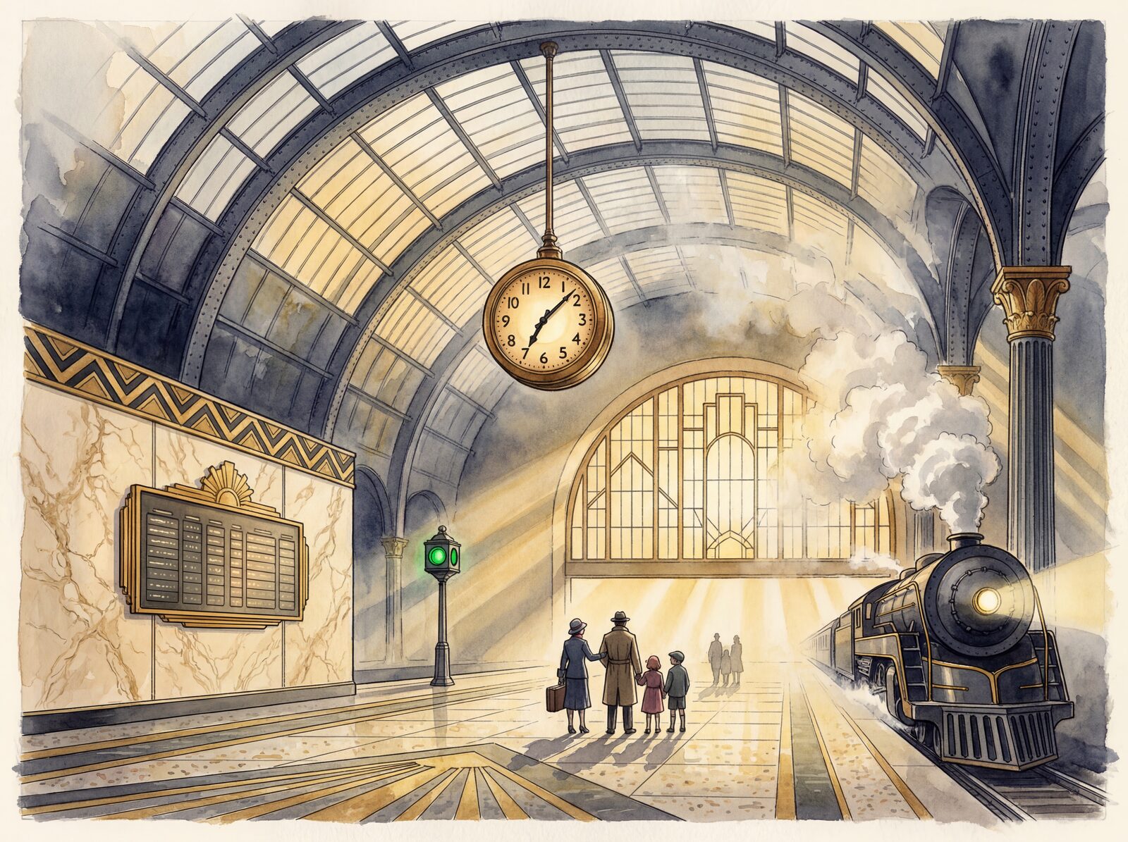 Art Deco railway station interior with Station Shadow, Iron Arch, and Travertine palette. Made to order.