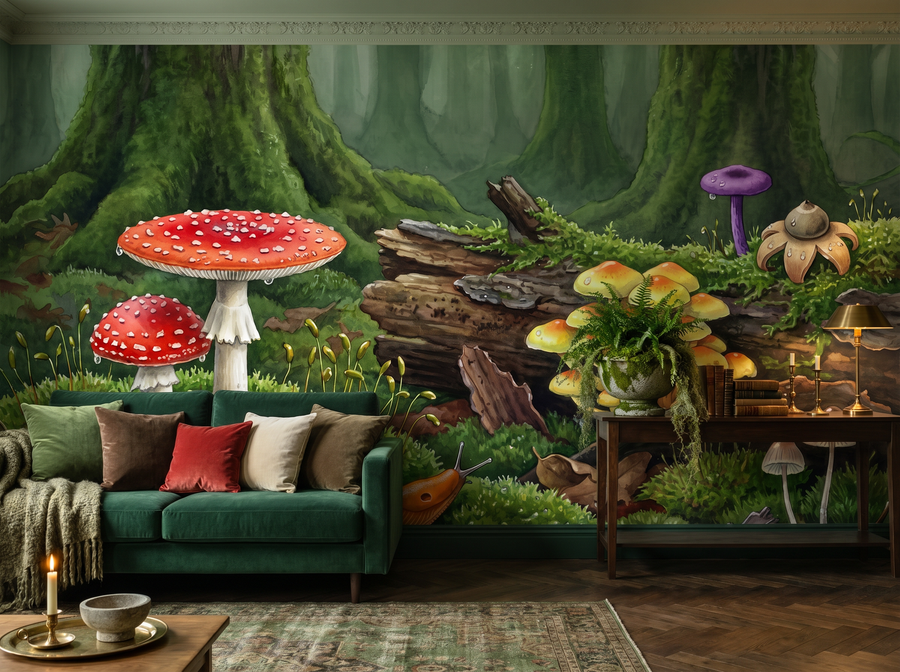 Rain Forest Floor scenic wallpaper mural on the feature wall of a biophilic study, in a rich red-and-burgundy palette — The Wall Shawl.