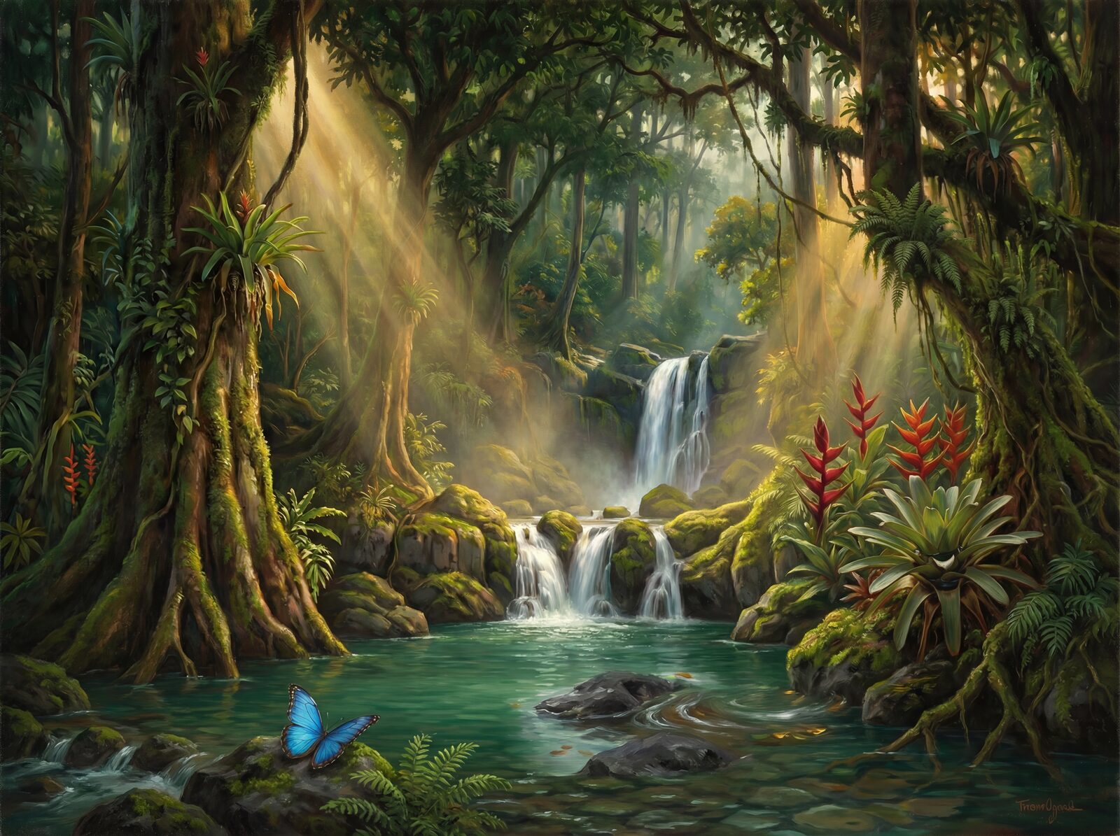Immersive rainforest mural with Canopy Green, Moss Bright, and Pool Jade. Made to order.