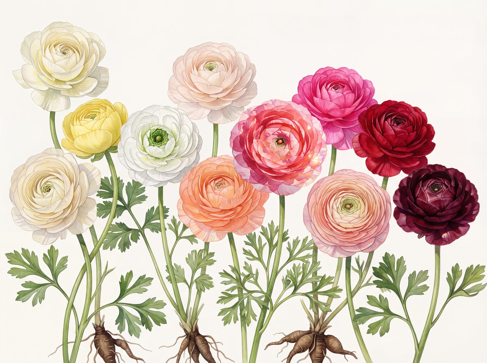 Twelve exquisite ranunculus blooms arranged as a botanical study, featuring coral peach, hot pink, and deep burgundy. Made to order.