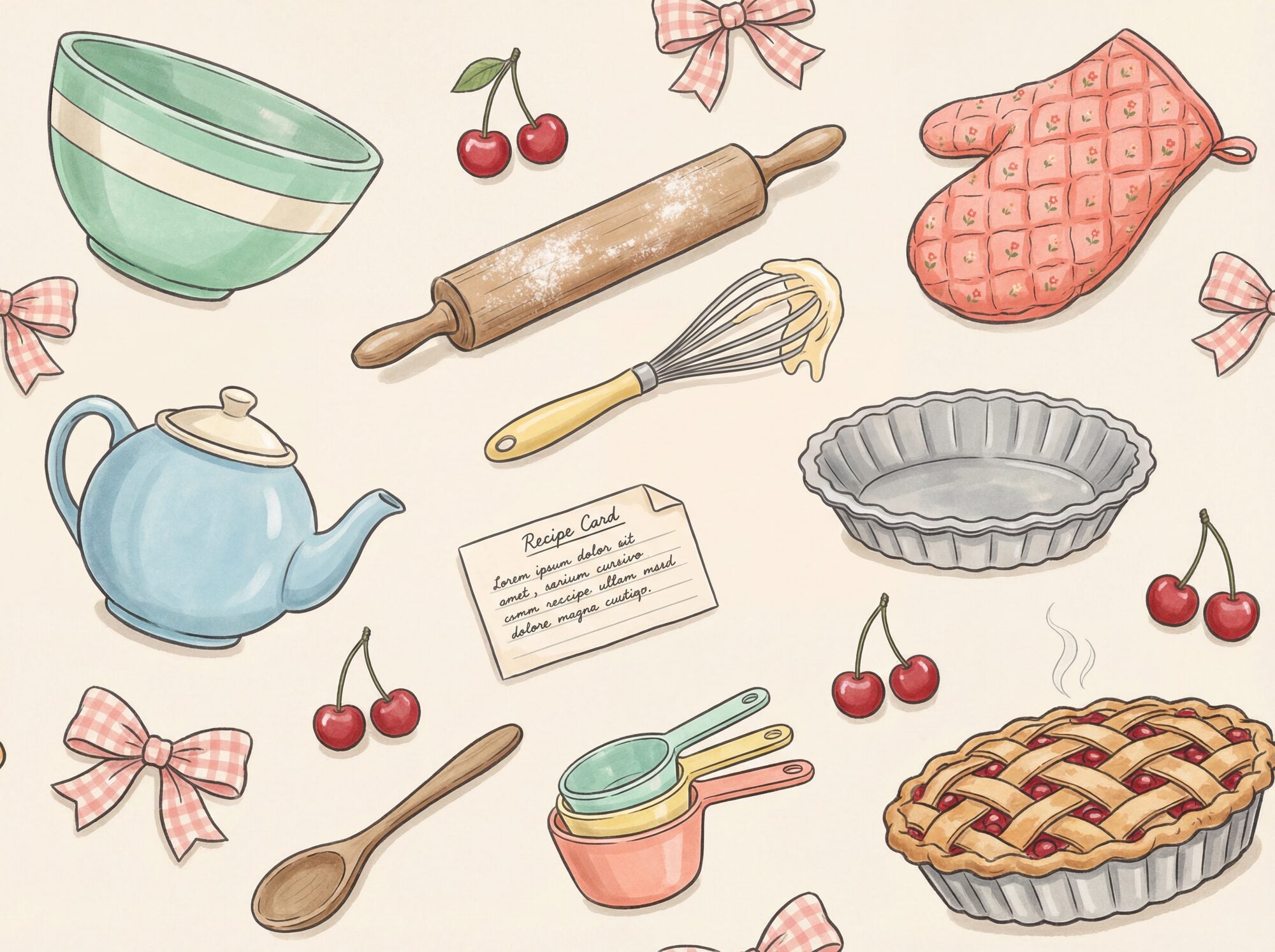 Retro kitchen wallpaper mural with mid-century illustrated scatter of cherry pie, mint mixing bowl, powder-blue teapot, coral oven mitt, rolling pin, whisk, and recipe card on warm cream ground