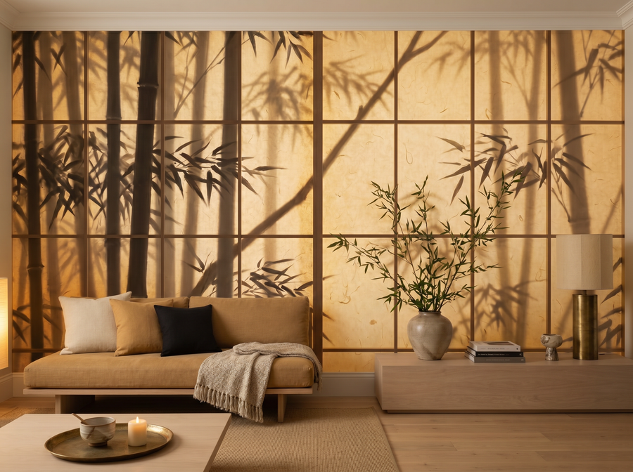 Rice Paper Screen scenic wallpaper mural on the feature wall of a chinoiserie living room, in a soft grey palette — The Wall Shawl.