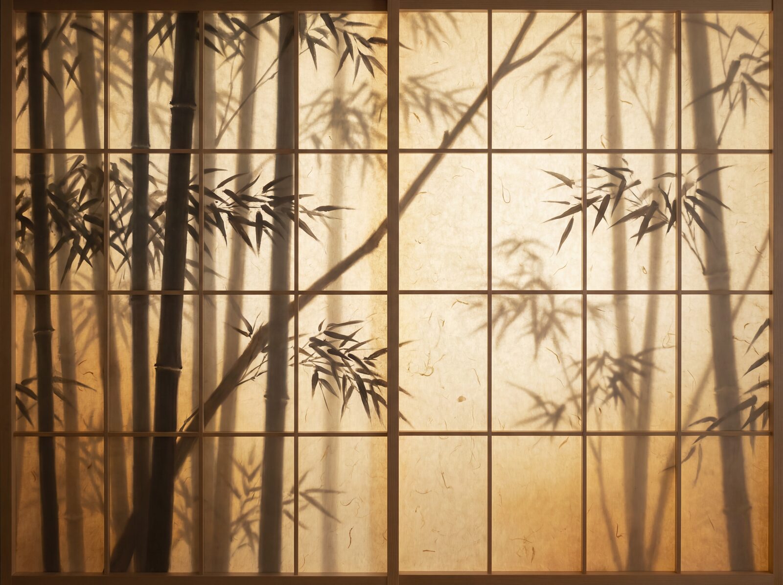 Experience luminous tranquility with our Rice Paper Screen mural, featuring soft bamboo shadows and a golden-white palette. Made to order.