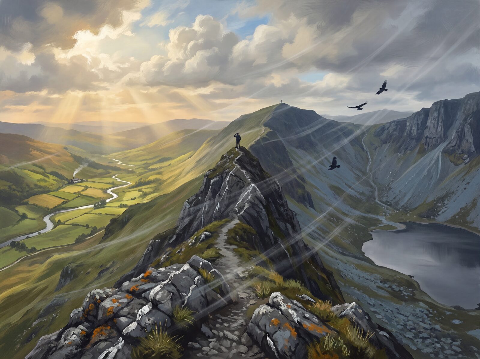 Scenic mural wallpaper featuring a mountain ridge with dark grey, quartz, and green hues. Made to order.